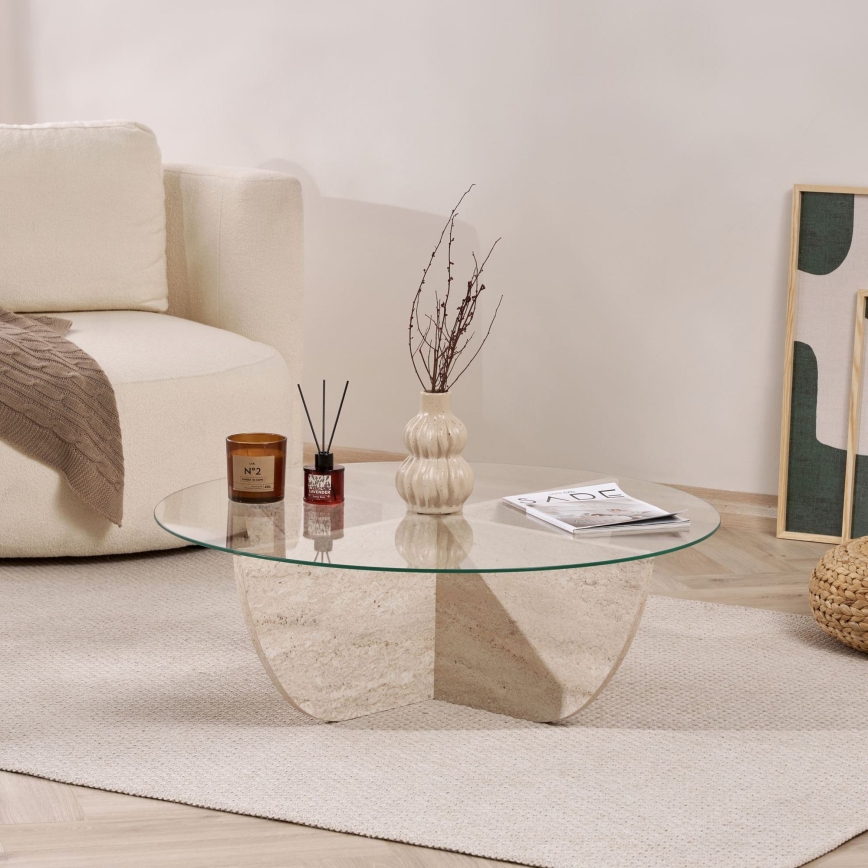 Konferenční stolek VERE pr. 90 cm travertin/čirá