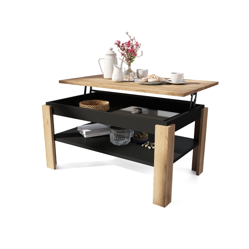 Konferenční stůl se zvedací deskou a policí ADEN 100x60 cm dub craft/černá