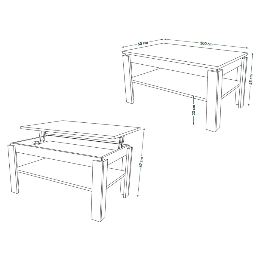 Konferenční stůl se zvedací deskou a policí ADEN 100x60 cm dub craft/černá