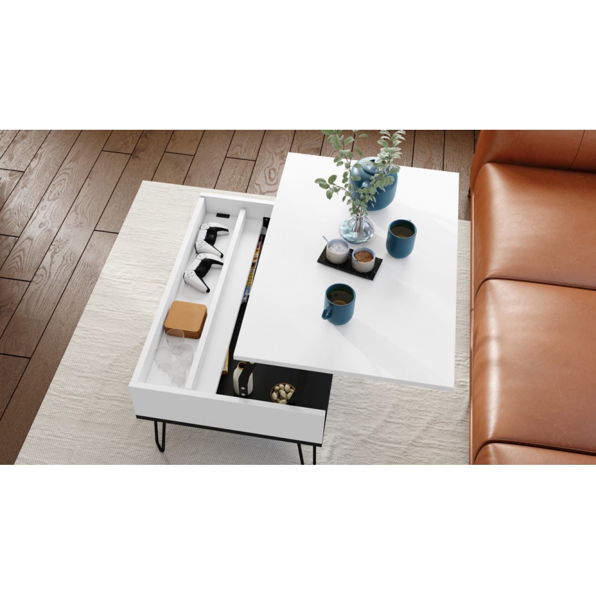 Konferenční stůl se zvedací deskou a policí HALIJA 90x60 cm bílá/černá