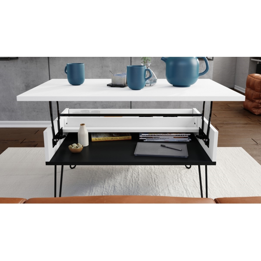 Konferenční stůl se zvedací deskou a policí HALIJA 90x60 cm bílá/černá