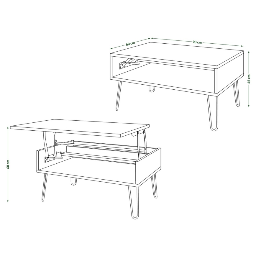 Konferenční stůl se zvedací deskou a policí HALIJA 90x60 cm bílá/černá