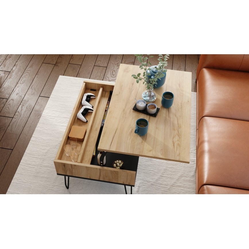 Konferenční stůl se zvedací deskou a policí HALIJA 90x60 cm dub craft/černá