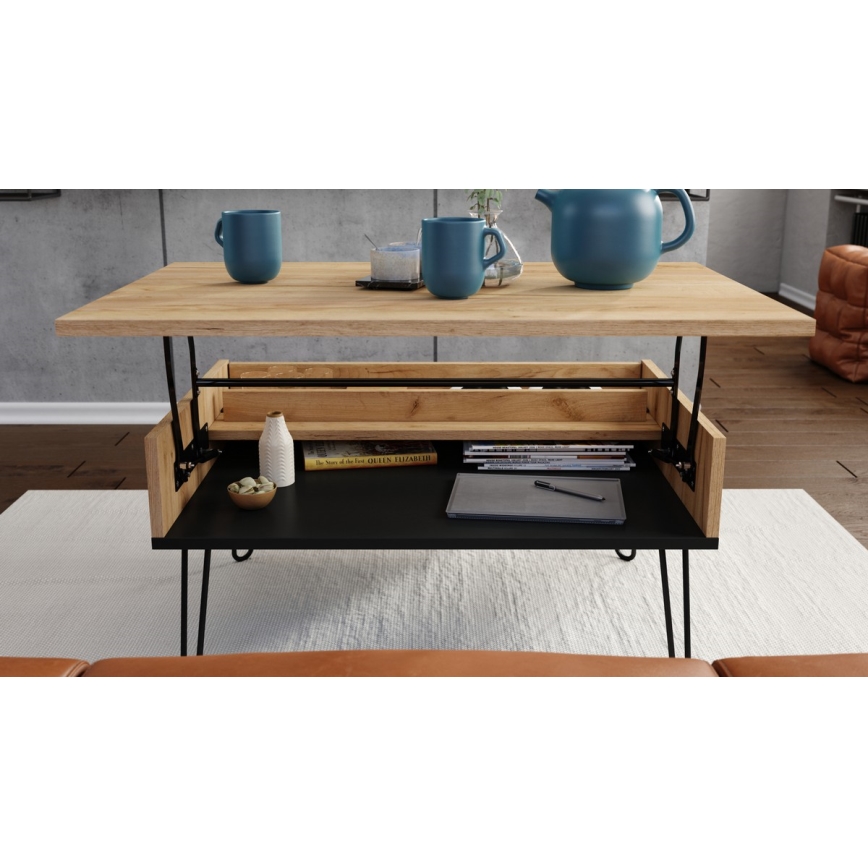 Konferenční stůl se zvedací deskou a policí HALIJA 90x60 cm dub craft/černá