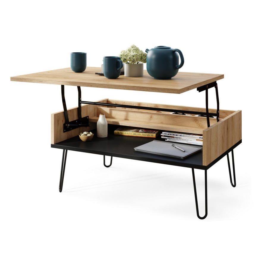 Konferenční stůl se zvedací deskou a policí HALIJA 90x60 cm dub craft/černá
