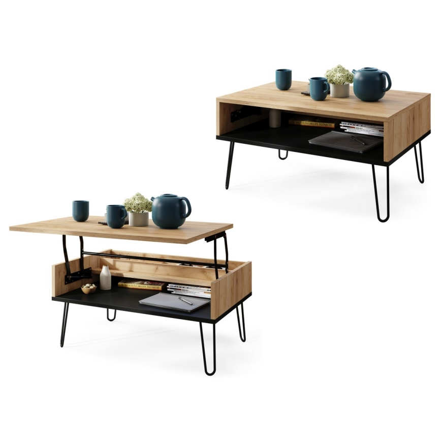 Konferenční stůl se zvedací deskou a policí HALIJA 90x60 cm dub craft/černá