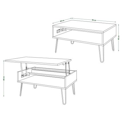 Konferenční stůl se zvedací deskou a policí HALIJA 90x60 cm dub craft/černá