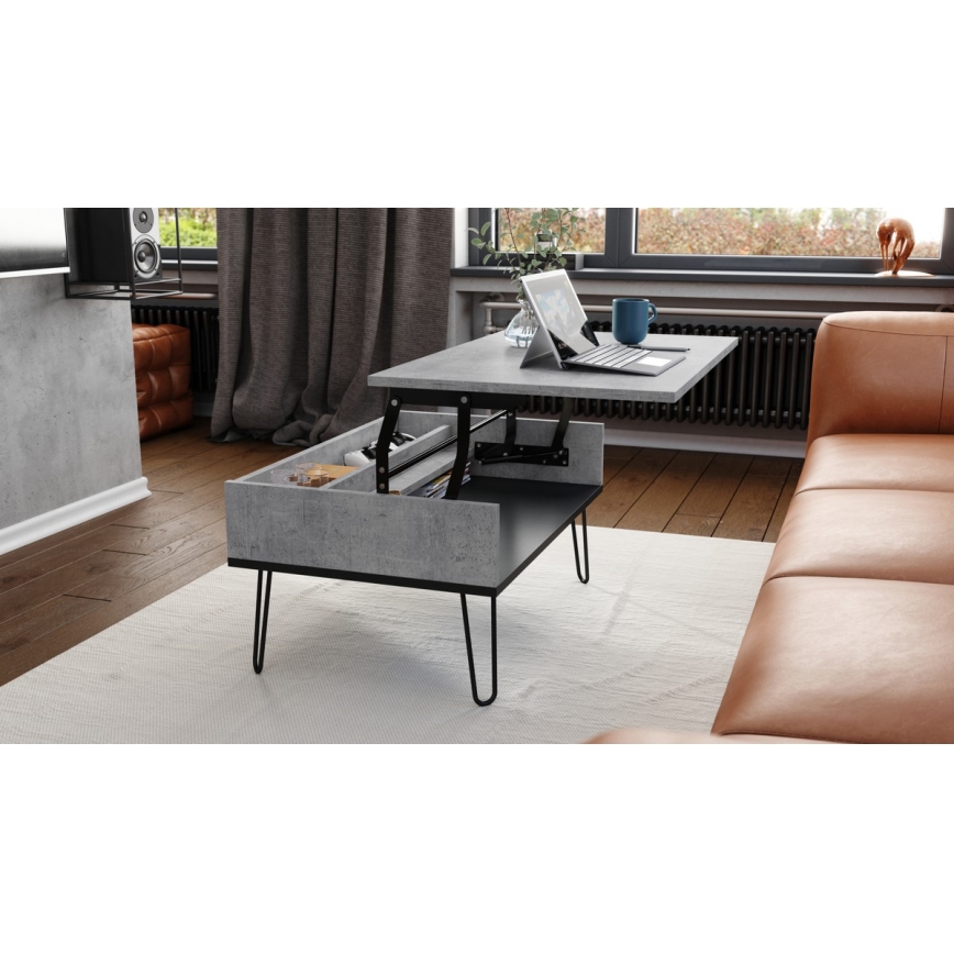 Konferenční stůl se zvedací deskou a policí HALIJA 90x60 cm šedá beton/černá