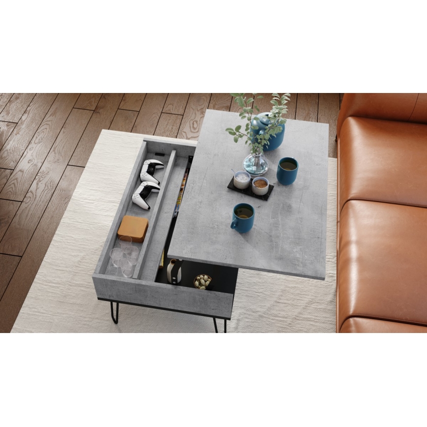 Konferenční stůl se zvedací deskou a policí HALIJA 90x60 cm šedá beton/černá
