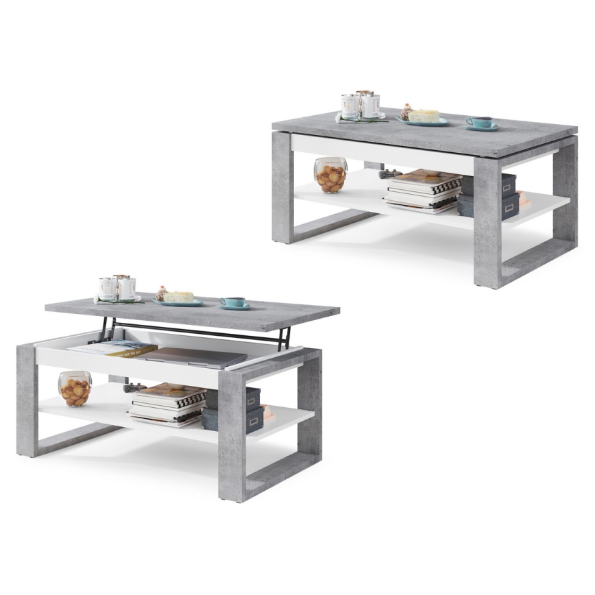 Konferenční stůl se zvedací deskou a policí NEA 110x65 cm beton/bílá