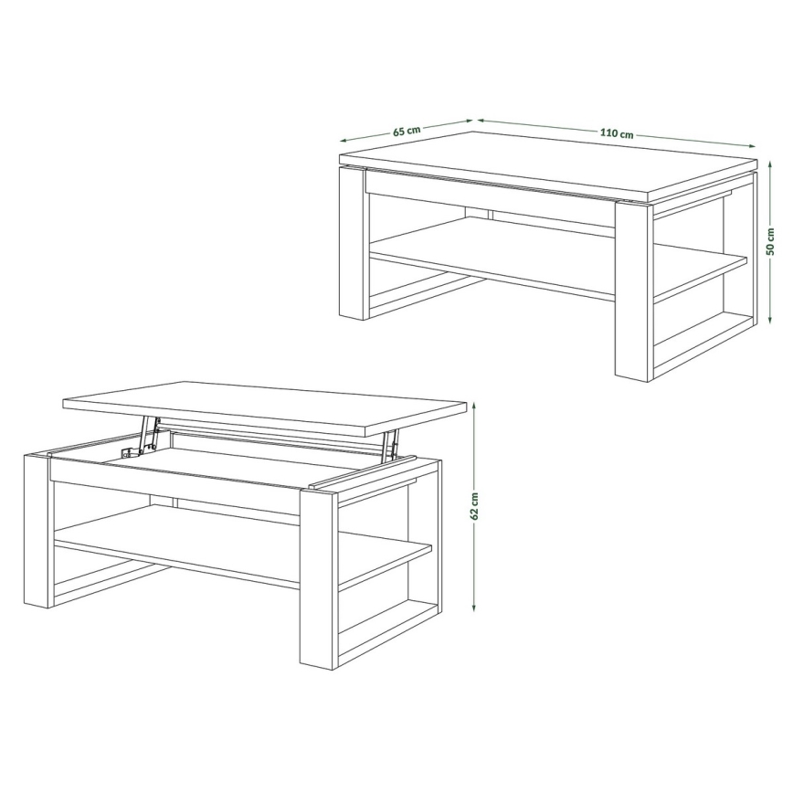 Konferenční stůl se zvedací deskou a policí NEA 110x65 cm dub craft/černá