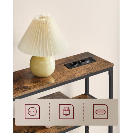 Konzolový stolek s vestavěnými zásuvkami a USB porty LUVOR 80x20 cm hnědá/černá