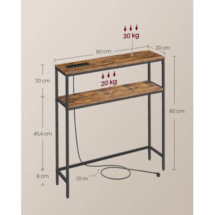 Konzolový stolek s vestavěnými zásuvkami a USB porty LUVOR 80x20 cm hnědá/černá
