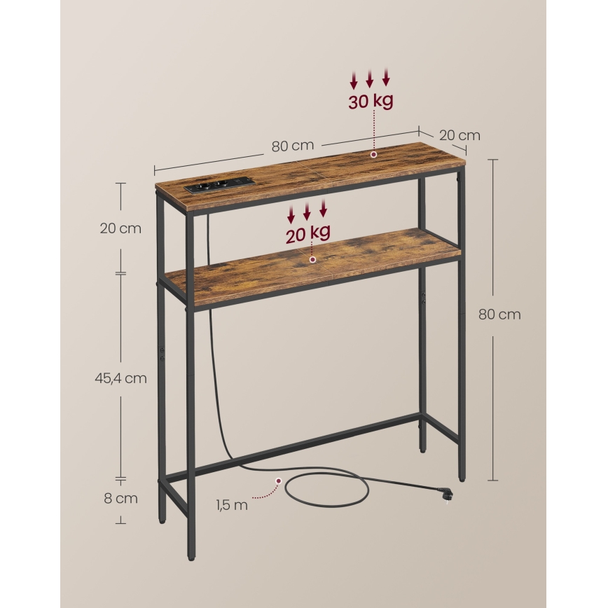 Konzolový stolek s vestavěnými zásuvkami a USB porty LUVOR 80x20 cm hnědá/černá