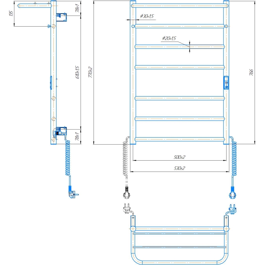 Koupelnový žebříkový radiátor HOME 95W/230V 77x53 cm nerez/chrom pravá