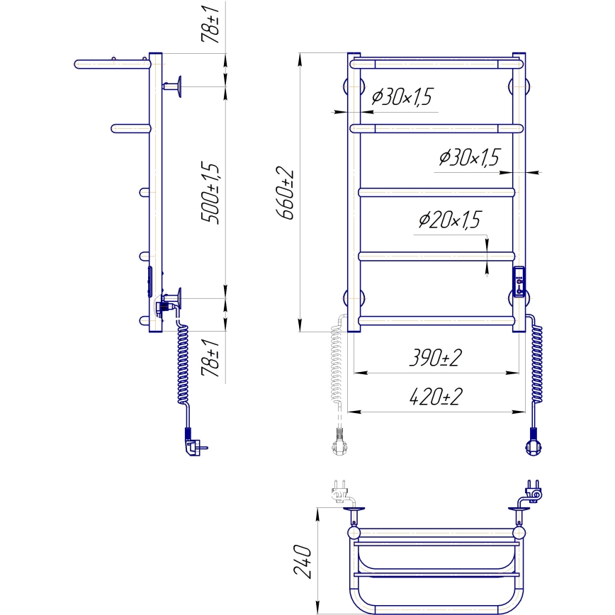 Koupelnový žebříkový radiátor HOTEL 75W/230V 66x42 cm nerez/černá pravá