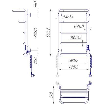 Koupelnový žebříkový radiátor HOTEL 75W/230V 66x42 cm nerez/chrom pravá