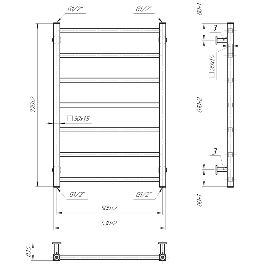 Koupelnový žebříkový radiátor INOX TOKIO 161W/230V 77x53 cm nerez/antracit