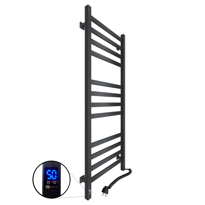 Koupelnový žebříkový radiátor s termostatem AVANGARD 459W/230V 120,6 cm IP44 černá pravá hranatý