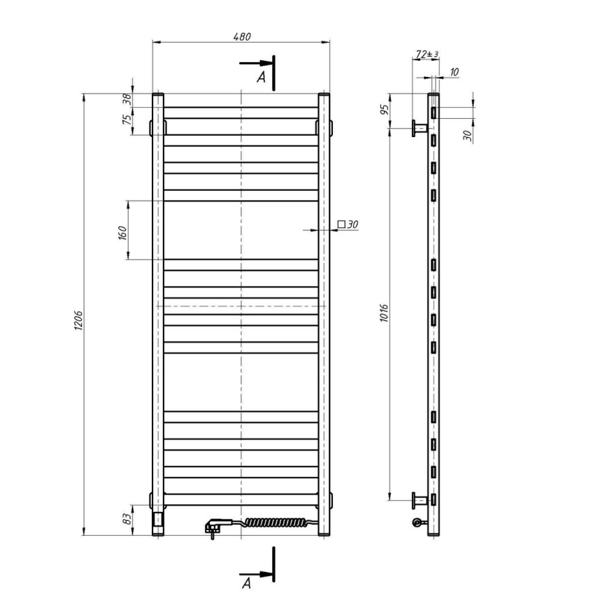 Koupelnový žebříkový radiátor s termostatem AVANGARD 227W 120x48cm  bílá pravá