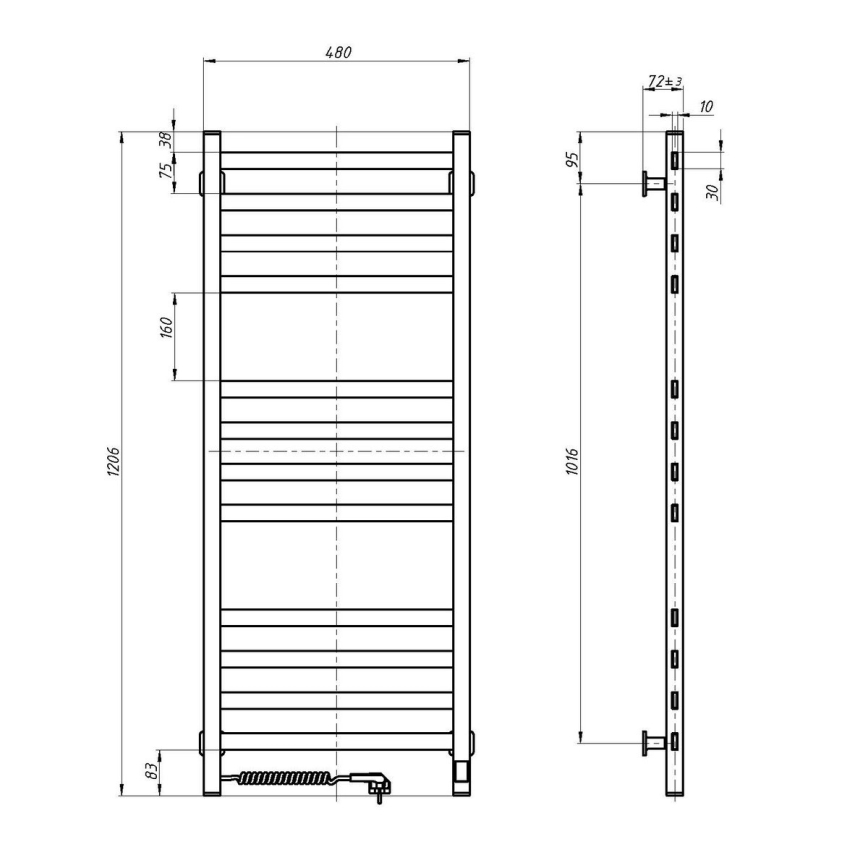 Koupelnový žebříkový radiátor s termostatem AVANGARD 227W 120x48cm  černá pravá
