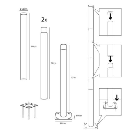 Kovová tyč pro sloup venkovního osvětlení BASE 4 m stožár pr. 60 mm černá