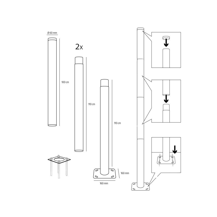 Kovová tyč pro sloup venkovního osvětlení BASE 4 m stožár pr. 60 mm černá