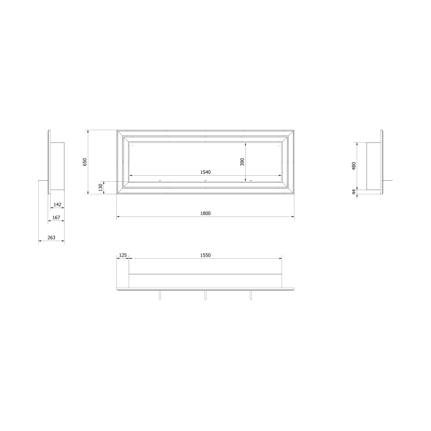Kratki - Vestavěný BIO krb 65x180 cm 3x2,5kW lesklý chrom