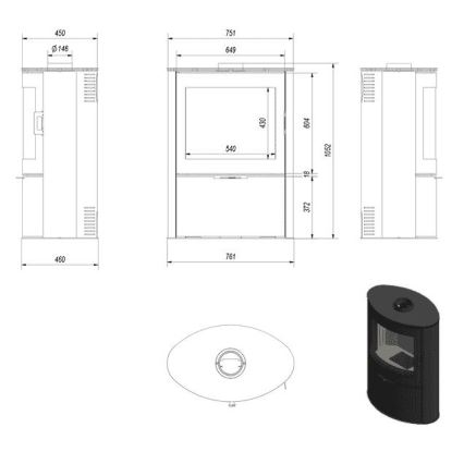 Kratki - Krbová ocelová kamna s automatickým zavíráním dveří 10kW 150 mm černá