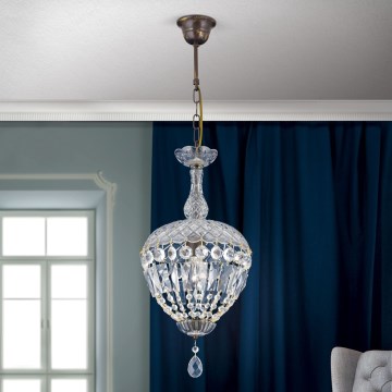 Křišťálový lustr na řetězu ARILA 1xE27/60W/230V pr. 25 cm hnědá/patina
