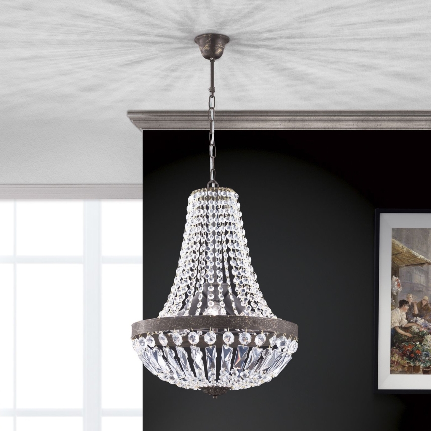 Křišťálový lustr na řetězu ARILA 3xE27/60W/230V pr. 40 cm hnědá/patina