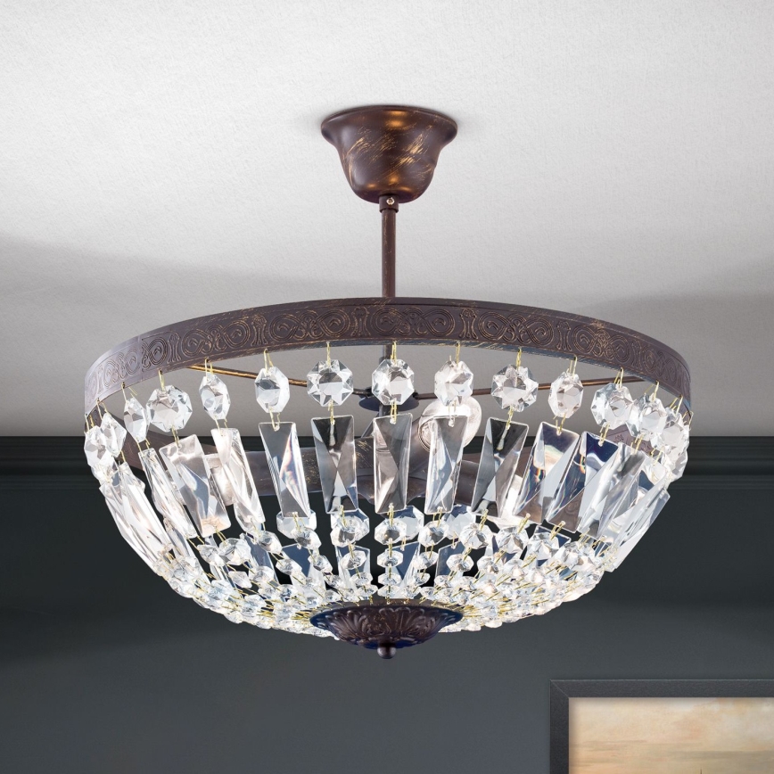 Křišťálový lustr na tyči ARILA 3xE14/40W/230V pr. 40 cm hnědá/patina