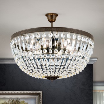 Křišťálový lustr na tyči ARILA 6xE27/60W/230V pr. 60 cm hnědá/patina