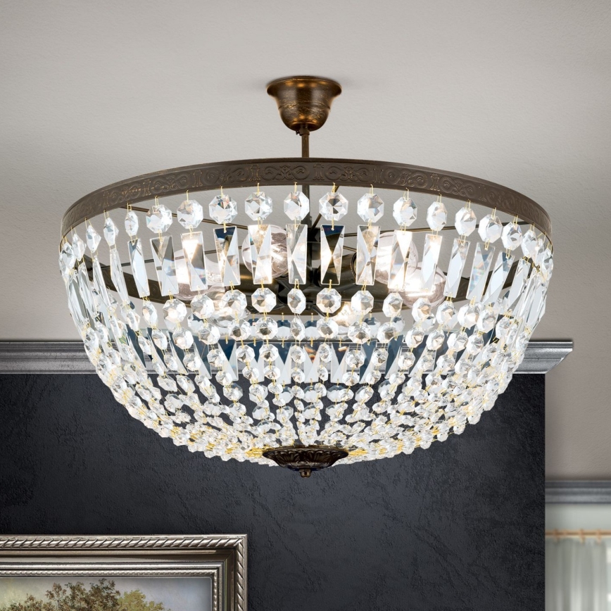 Křišťálový lustr na tyči ARILA 6xE27/60W/230V pr. 60 cm hnědá/patina