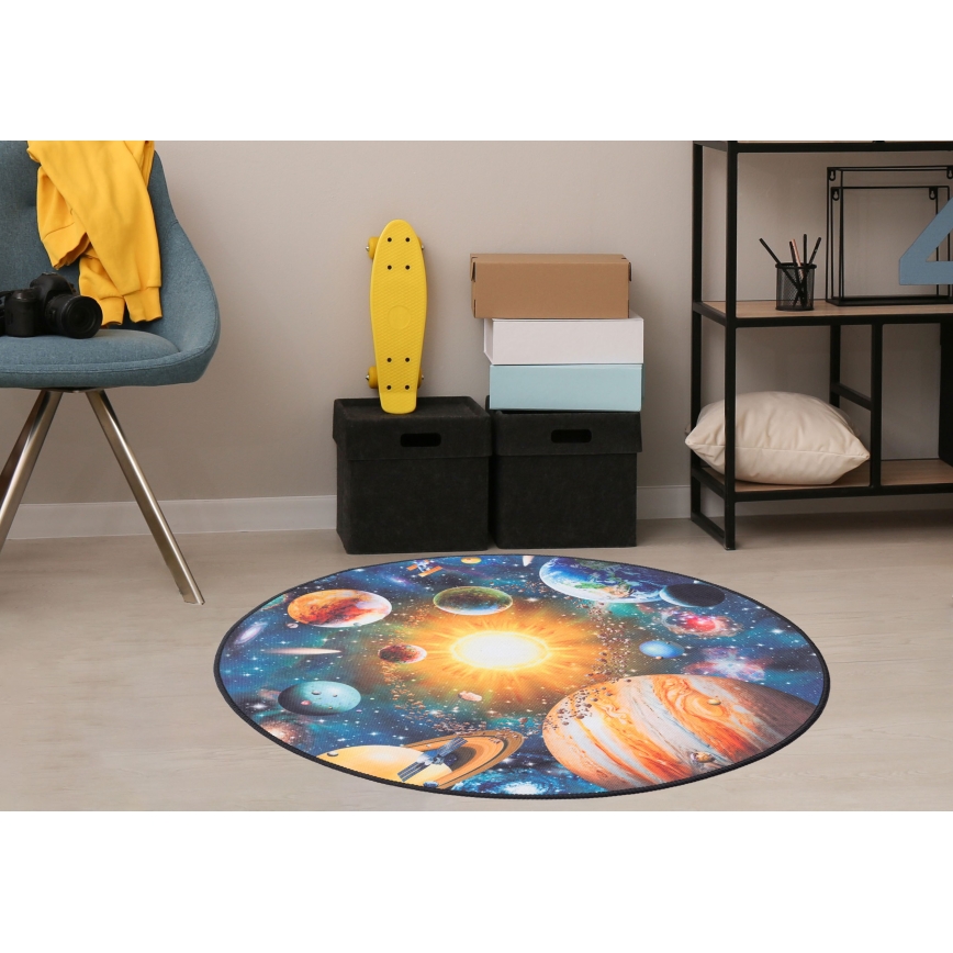 Kulatý dětský protiskluzový koberec PRINT 3D 80 cm planety/pestrobarevná