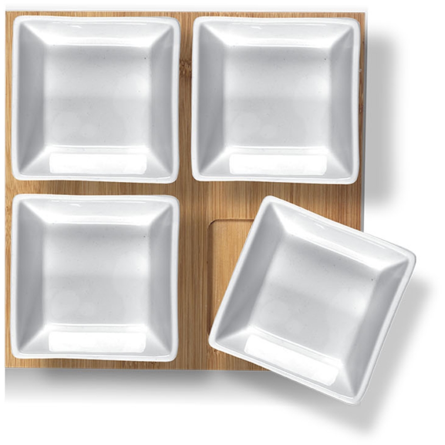 Lamart - Sada 4x porcelánová miska 19x19 cm + dřevěný podnos