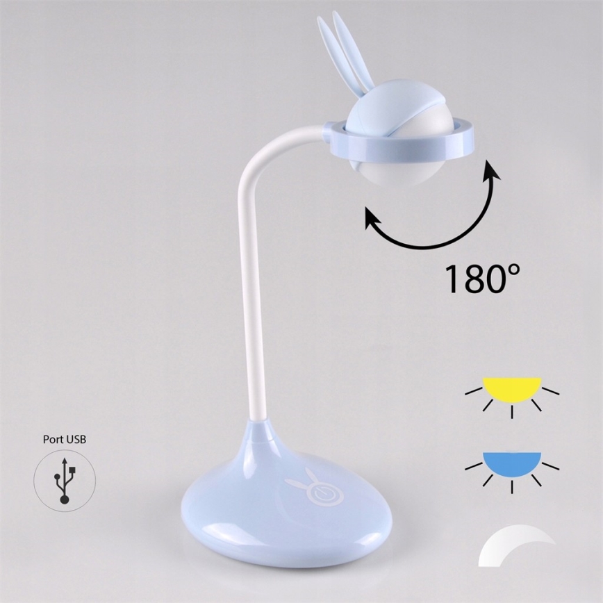 LED Dětská dotyková lampička RABBIT LED/0,4W/5V 3000/6500K modrá + USB