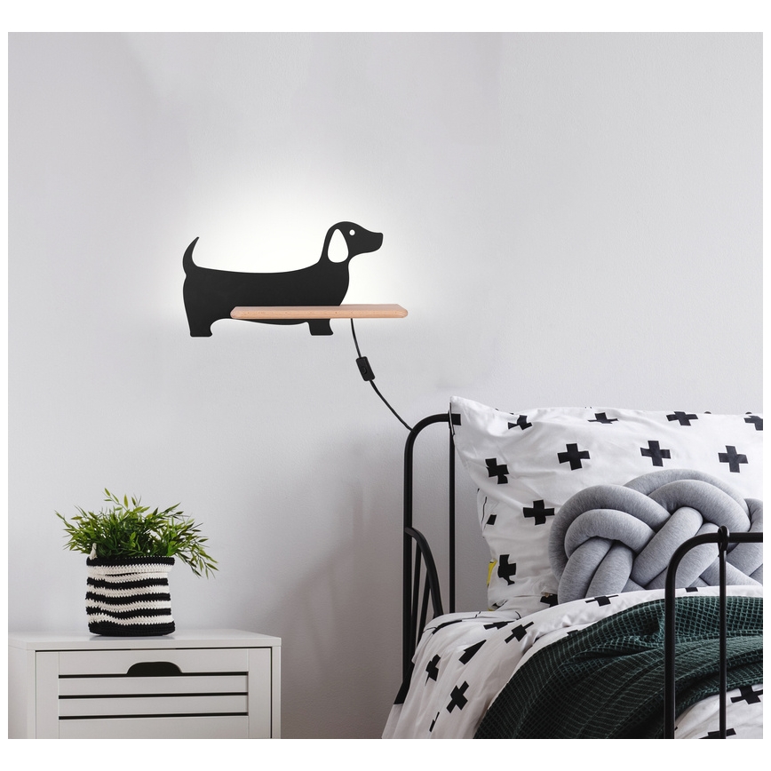 LED Dětské nástěnné svítidlo s poličkou DOG LED/5W/230V černá/dřevo, 