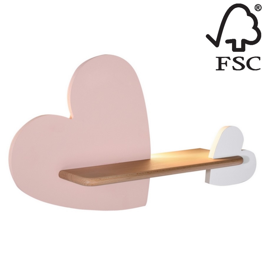 LED Dětské nástěnné svítidlo s poličkou HEART LED/5W/230V růžová/bílá/dřevo, 