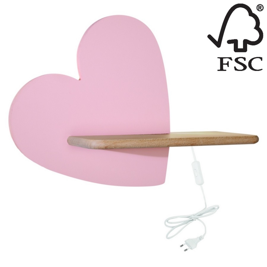 LED Dětské nástěnné svítidlo s poličkou HEART LED/5W/230V růžová/dřevo, 