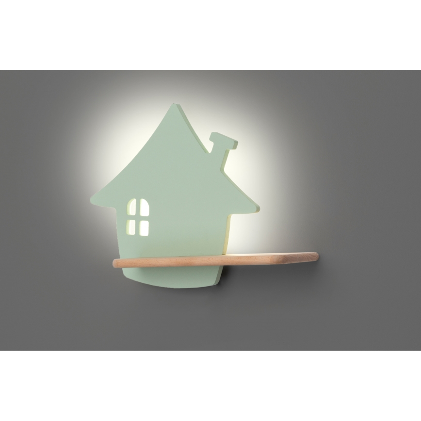 LED Dětské nástěnné svítidlo s poličkou HOUSE LED/4W/230V zelená/dřevo, 