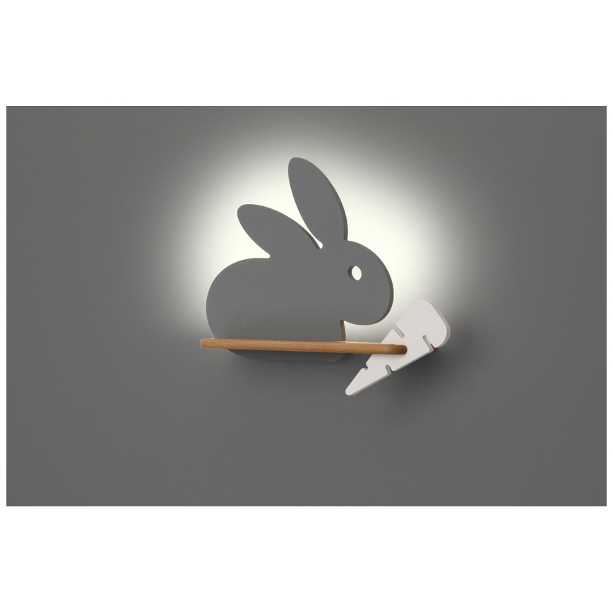 LED Dětské nástěnné svítidlo s poličkou RABBIT LED/4W/230V šedá/bílá/dřevo, FSC certifikováno