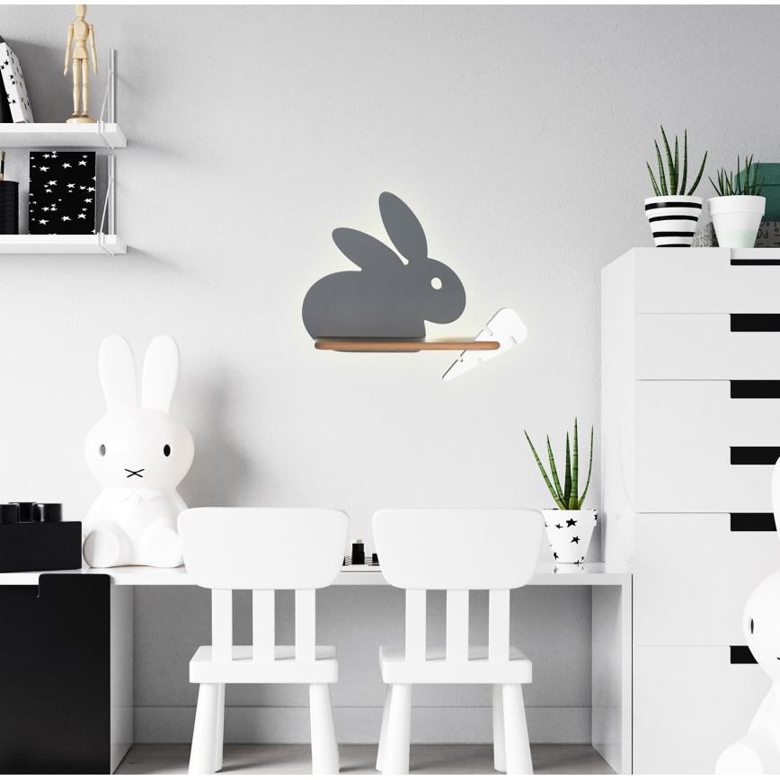 LED Dětské nástěnné svítidlo s poličkou RABBIT LED/4W/230V šedá/bílá/dřevo, 
