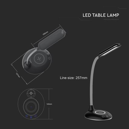 LED Dotyková stmívatelná stolní lampa s bezdrátovým nabíjením LED/4W/5V 3000-6500K černá