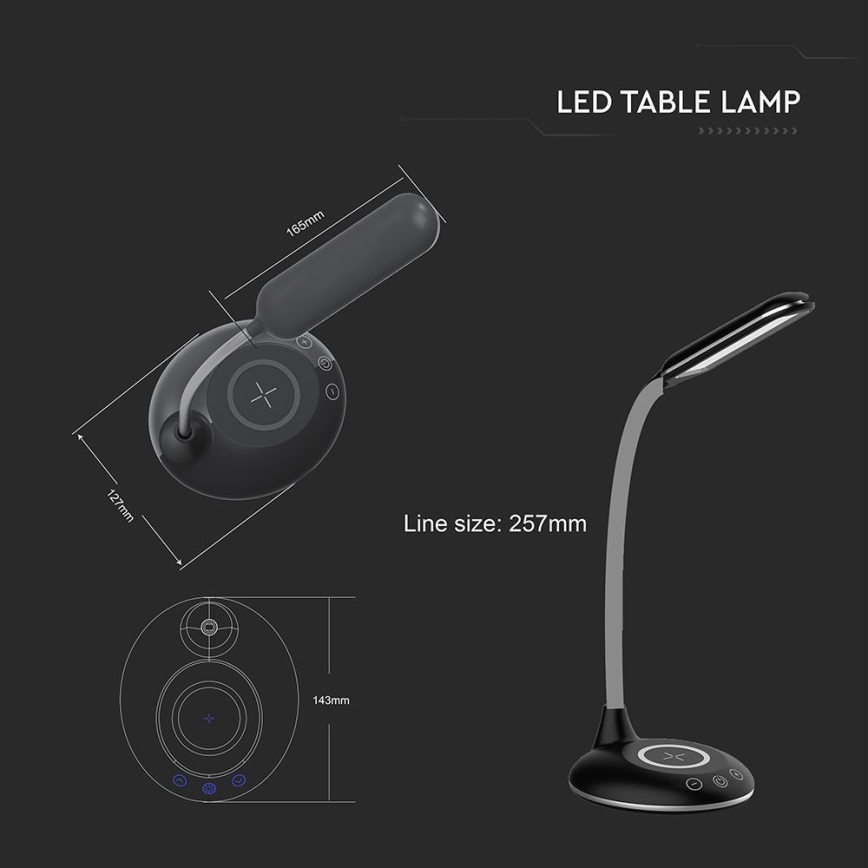 LED Dotyková stmívatelná stolní lampa s bezdrátovým nabíjením LED/4W/5V 3000-6500K černá