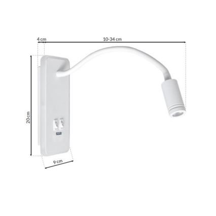 LED Flexibilní nástěnná lampička s USB BASE LED/8W+LED/2W/230V bílá