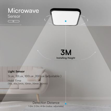 LED Koupelnové stropní svítidlo se senzorem SAMSUNG CHIP LED/18W/230V IP44 4000K 29x29 cm černá + dálkové ovládání