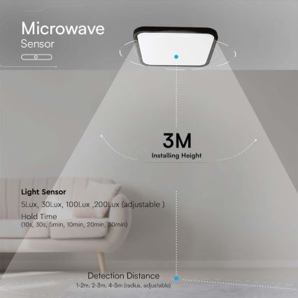 LED Koupelnové stropní svítidlo se senzorem LED/36W/230V 4000K IP44 42x42 cm černá + dálkové ovládání