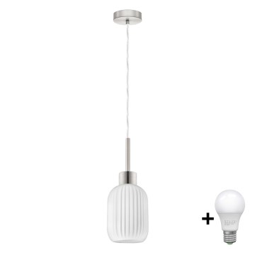 LED Lustr na lanku HARMA 1xE27/60W/230V pr. 14 cm matný chrom/bílá