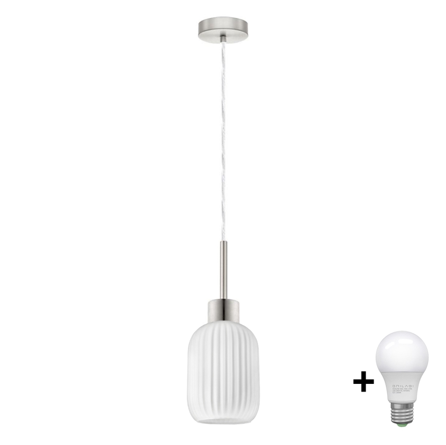 LED Lustr na lanku HARMA 1xE27/60W/230V pr. 14 cm matný chrom/bílá